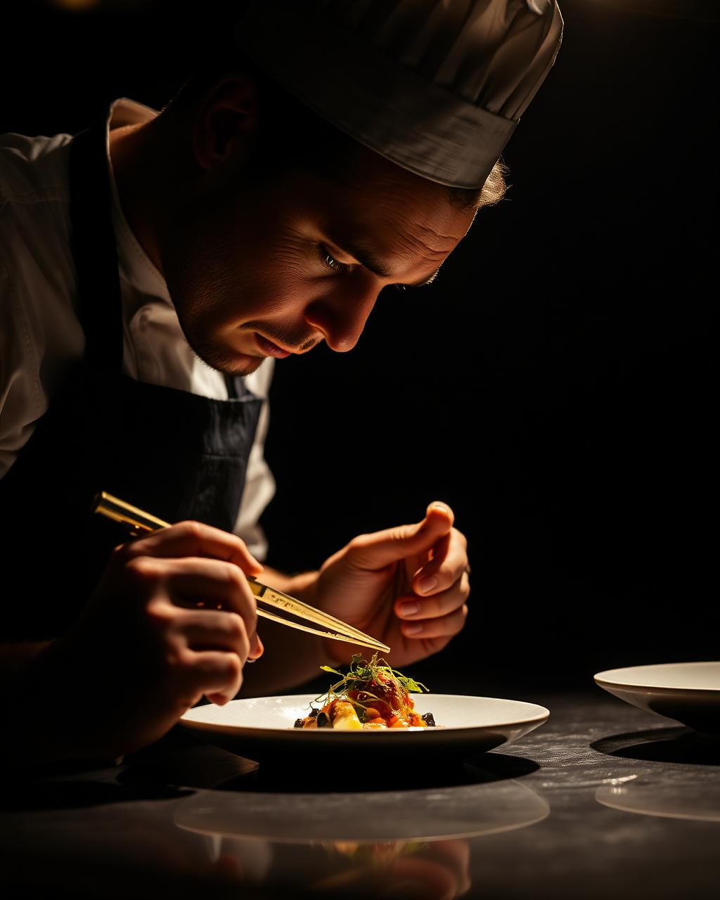 Chef carefully plating a dish with golden tweezers