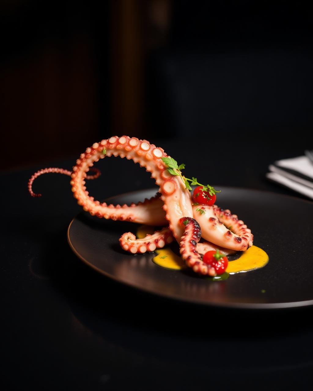 Gourmet octopus dish on a dark ceramic plate